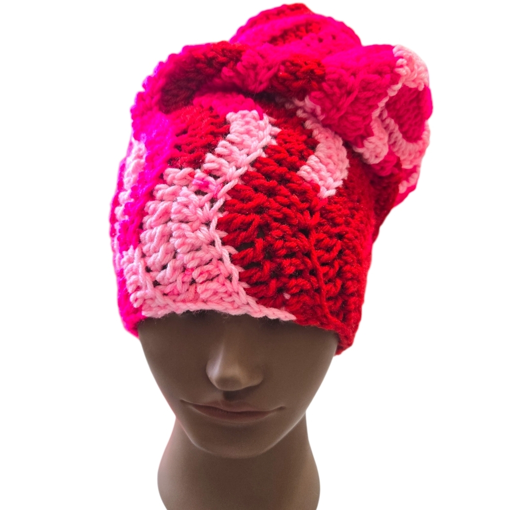 Wavy Pinks&Reds Slouchy Beanie, Handmade By Me, Ask About Customs